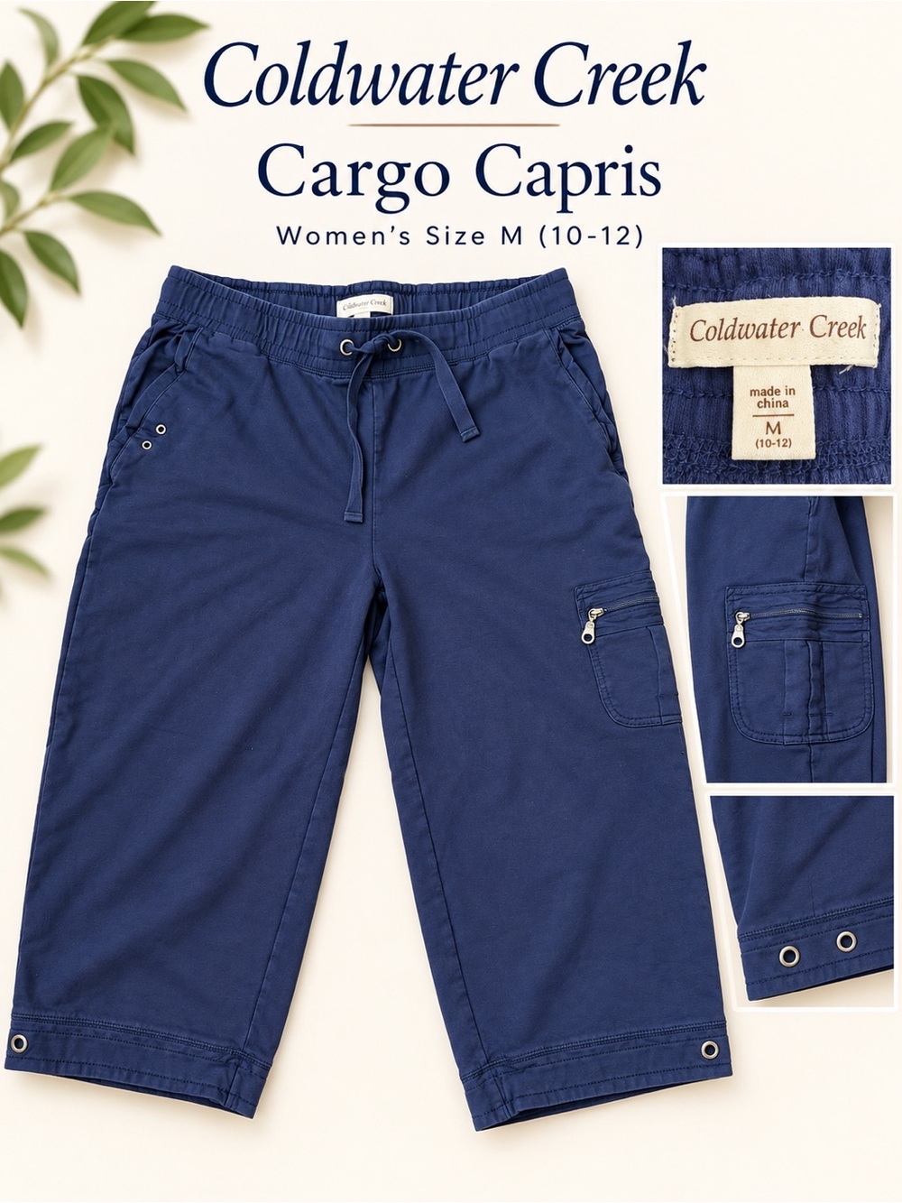 Coldwater Creek Navy Cargo Capri Pants Wide Leg Cotton Size M 10-12